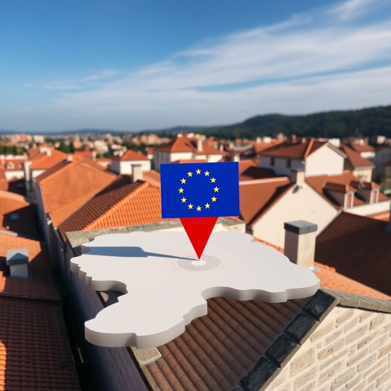 Zračni prikaz krovova Karlovca s karte i EU zastavicom