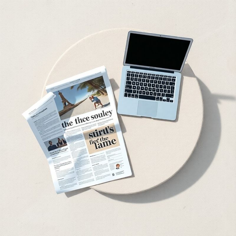 Otvorene dnevne novine i laptop na kamenom stolu u editorial stilu