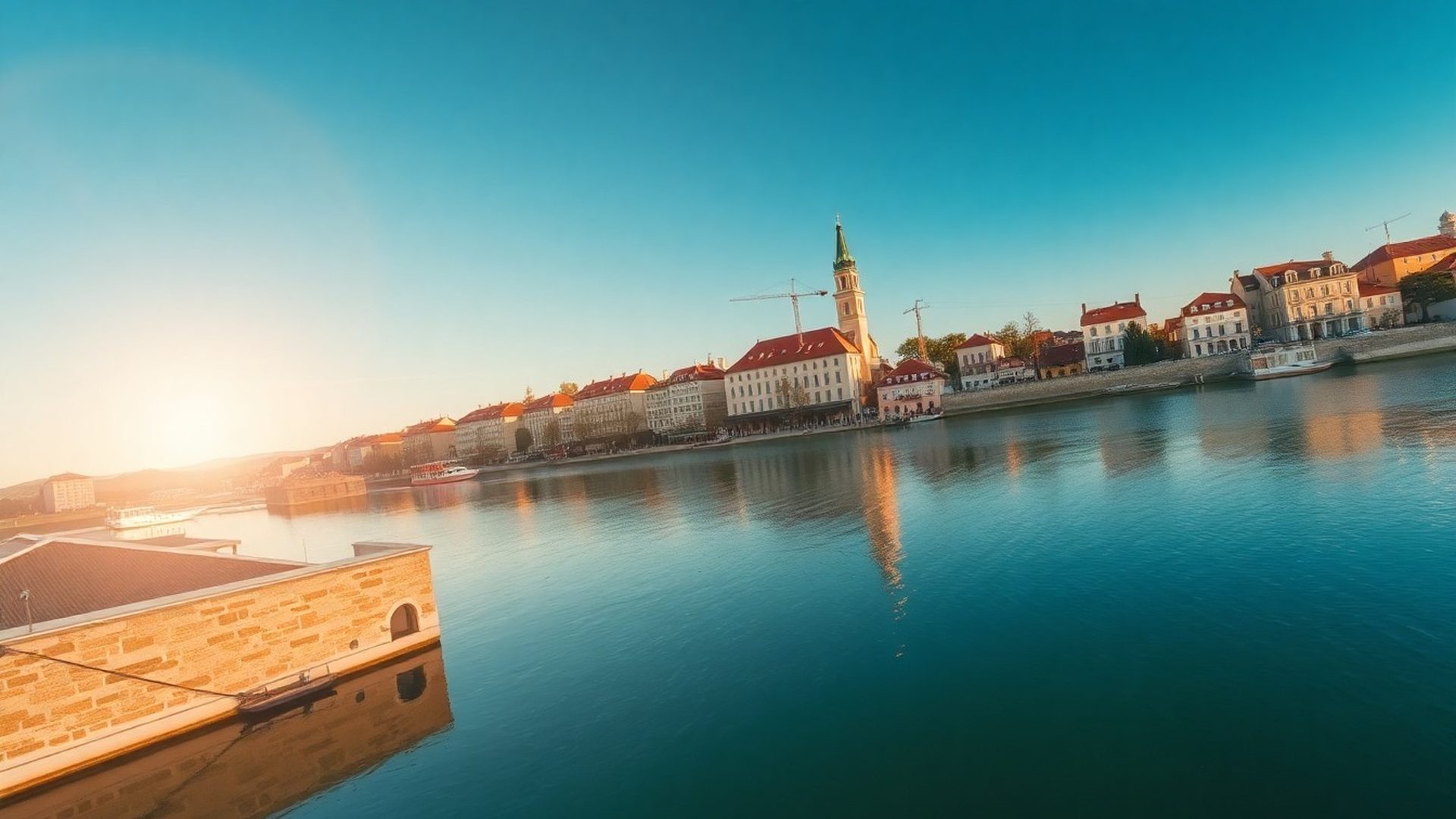 Panoramski prizor Karlovca s rijekom Koranom u jutarnjem svjetlu